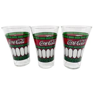 Vtg 3 Holiday Coca-Cola Drinking Glasses Tiffany Frosted Stained Glass Style
